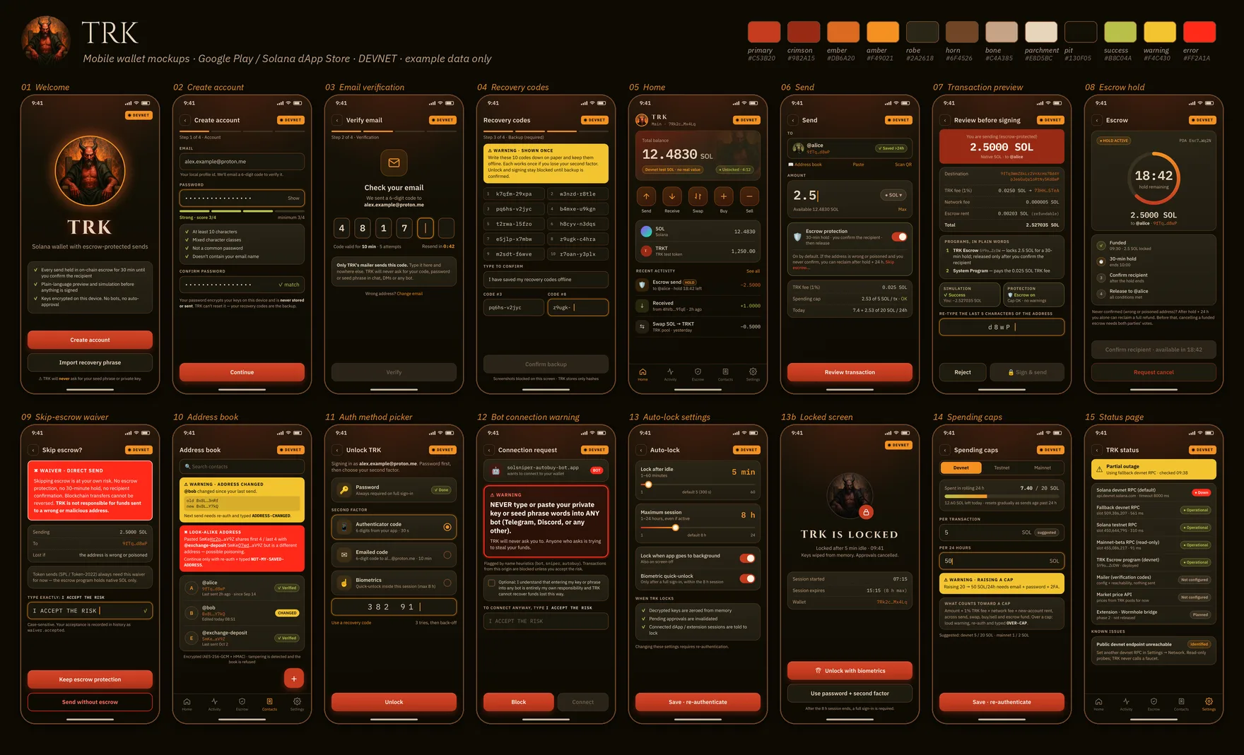 Overview sheet of 16 TRK mobile app mockup screens: welcome, create account, email verification, recovery codes, home, send, transaction preview, escrow hold, skip-escrow waiver, address book, sign-in method picker, bot connection warning, auto-lock settings, locked screen, spending caps and status page