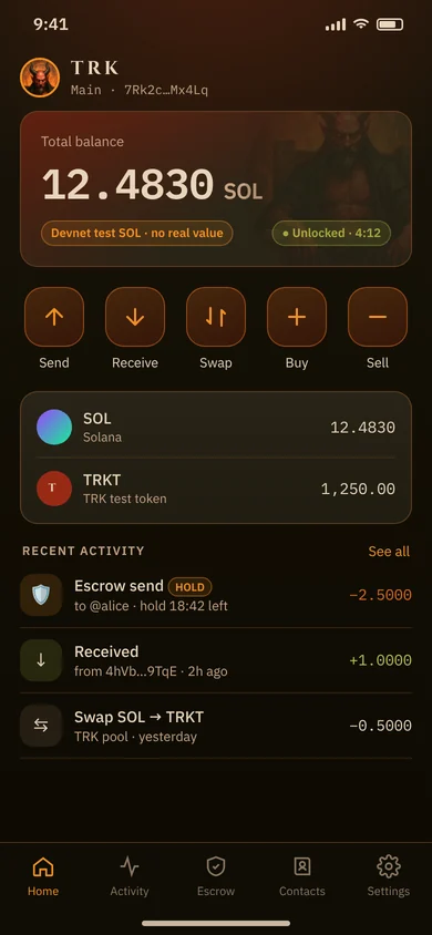 TRK mobile app mockup: home screen with balance and Send, Receive, Swap, Buy and Sell buttons