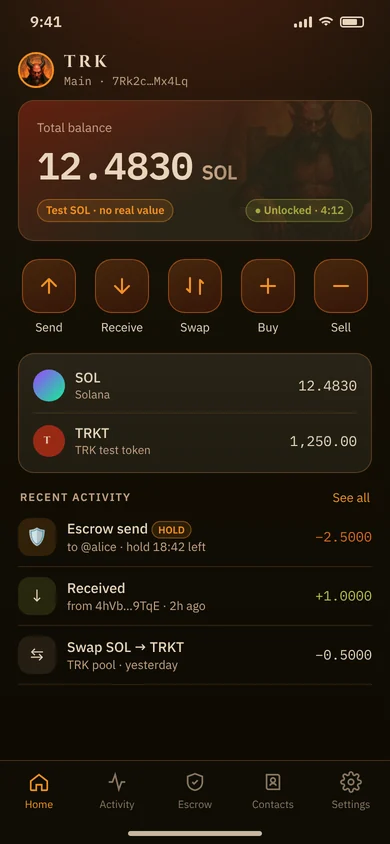 TRK mobile app mockup: home screen with balance and Send, Receive, Swap, Buy and Sell buttons