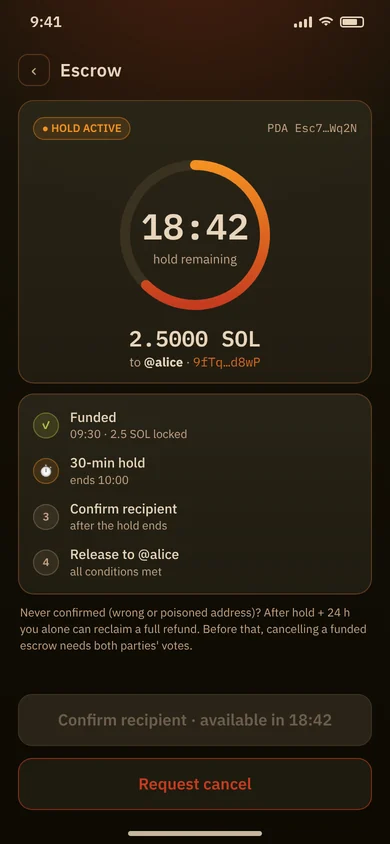 Mockup: escrow hold countdown before confirming the recipient