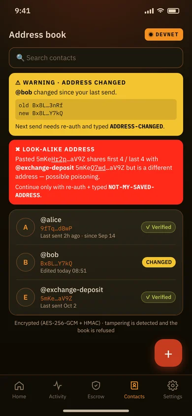 Mockup: address book with changed-address and look-alike warnings